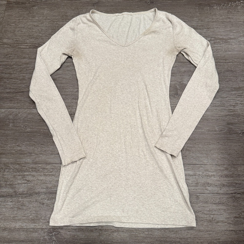 Peruvian Connection Shirt Women XS Oatmeal Pima Cotton V-Neck Slim Basic Top‎